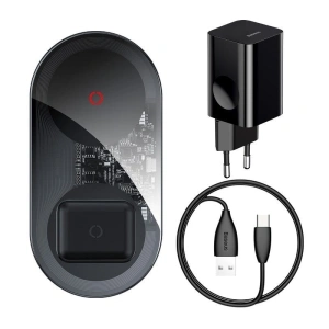 Wireless charger Qi 2w1 Baseus Simple Turbo, 20W for smartphone & Apple Airpods Transparent