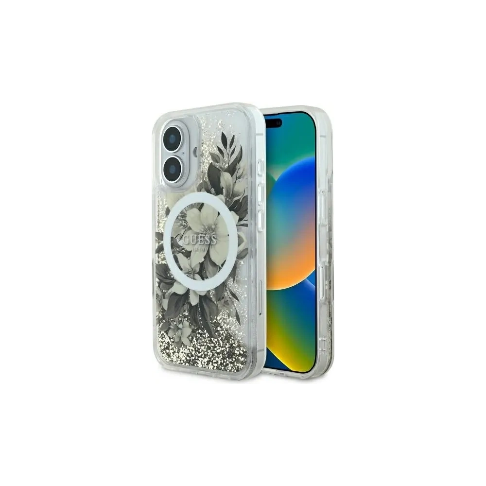 Wholesale Guess GUHMP16SLFMWTE Apple iPhone 16 hardcase Liquid Glitter Flower MagSafe beige - GUE3657 - {ean13} - Hurt