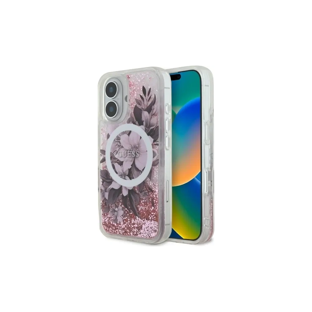 Wholesale Guess GUHMP16SLFMWTP Apple iPhone 16 hardcase Liquid Glitter Flower MagSafe pink - GUE3658 - {ean13} - Hurt