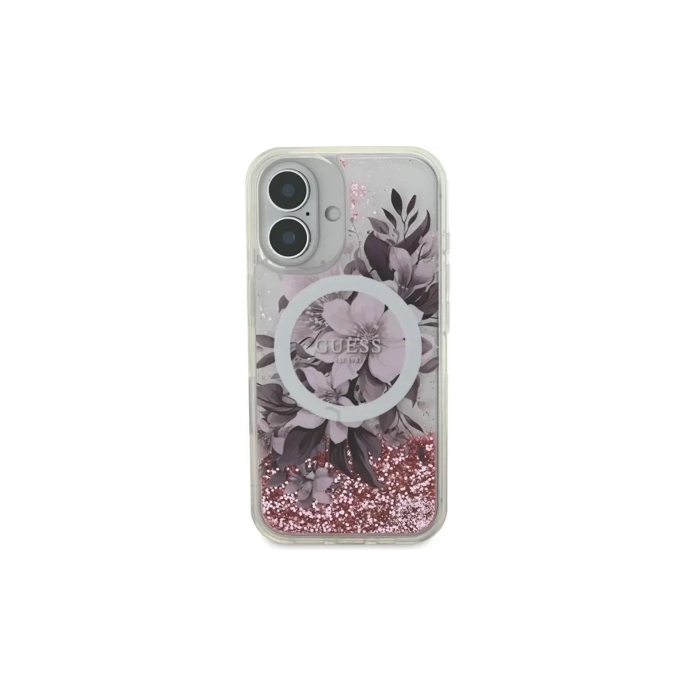 Wholesale Guess GUHMP16SLFMWTP Apple iPhone 16 hardcase Liquid Glitter Flower MagSafe pink - GUE3658 - {ean13} - Hurt