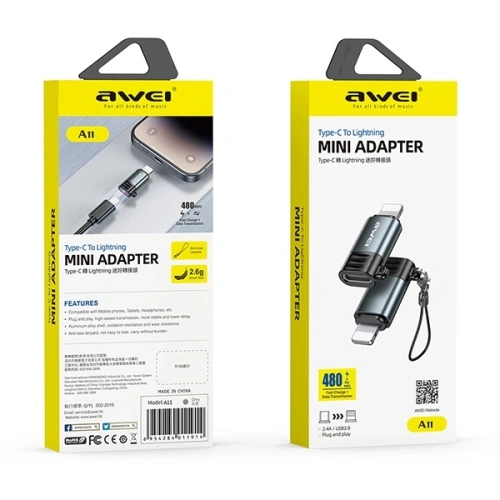 Adapter AWEI A11 USB-C / Lightning szary/grey
