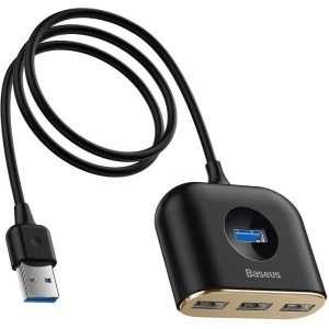 Adapter USB 4w1 Baseus Square Round, HUB USB 3.0 do 1x USB 3.0 + 3x USB 2.0, 1m (black)