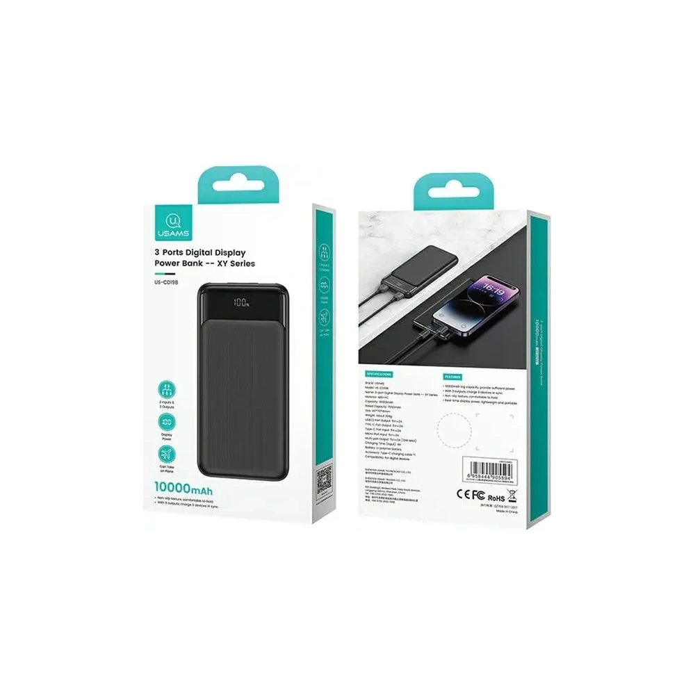 Hurtownia GSM - Baterie externă USAMS XY Series 10000mAh 10W MicroUSB, 2xUSB-A, USB-C neagră - USA1193 - {ean13} - Hurt