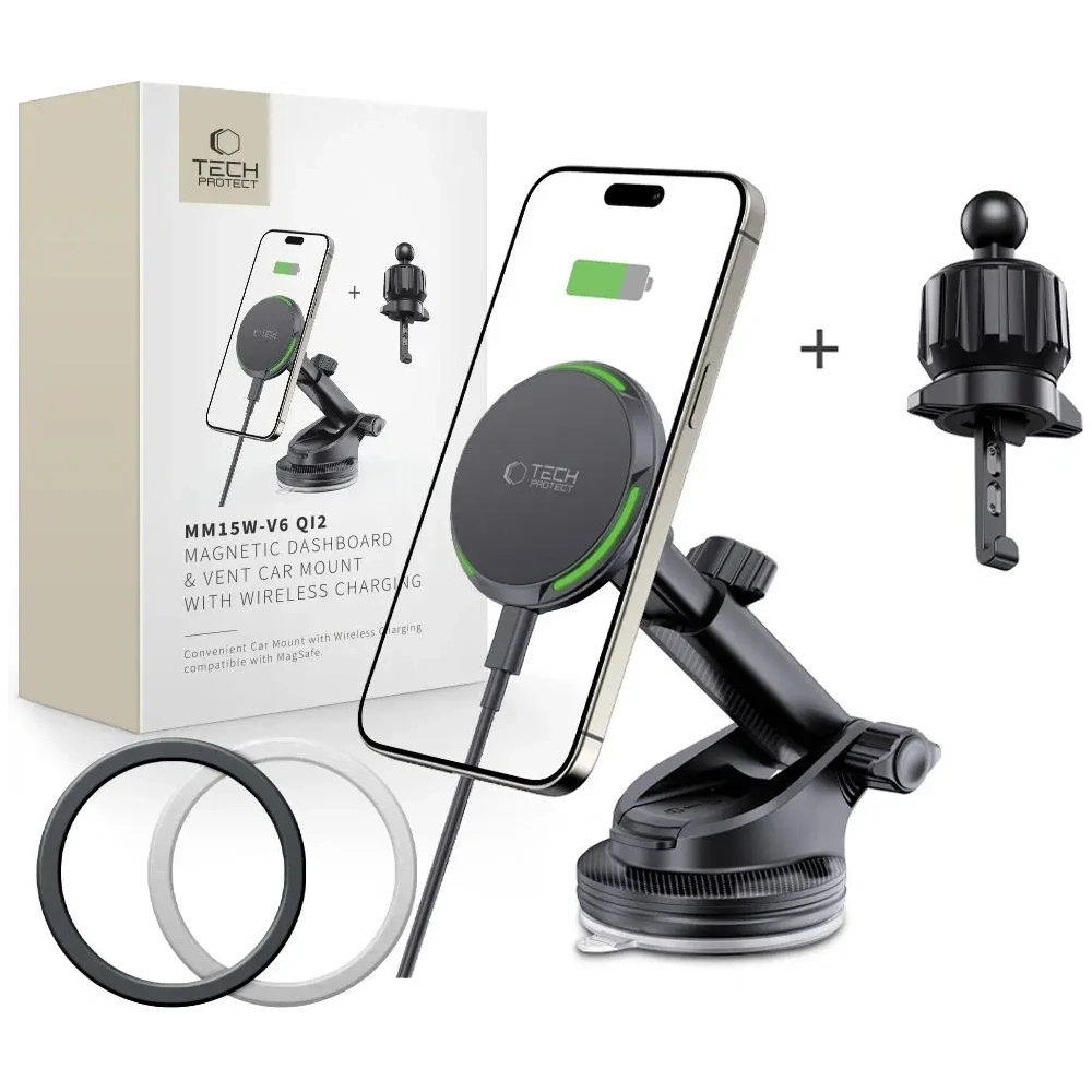 Hurtownia GSM - Uchwyt samochodowy Tech-Protect MM15W-V6 Qi2 Magnetic Magsafe Dashboard & Vent Car Mount Wireless Charger 15W Black - THP3451 - {ean13} - Hurt