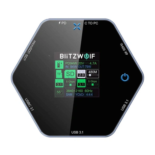 Stacja dokująca 8w1 Blitzwolf BW-TH16 USB 100W LCD Smart Display USB-C 3.1, 2xUSB-A 3.1, USB-C PD 100W, HDMI 4K60hz, TF/SD 3.0, HD 4K@60hz
