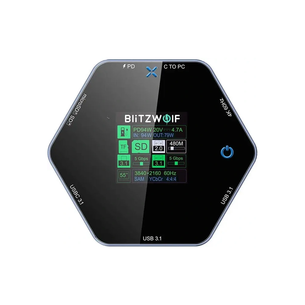 Hurtownia GSM - Dokovací stanice 8v1 Blitzwolf BW-TH16 USB 100W LCD Smart Display USB-C 3.1, 2xUSB-A 3.1, USB-C PD 100W, HDMI 4K60hz, TF/SD 3.0, HD 4K@60hz - BLZ628 - {ean13} - Hurt