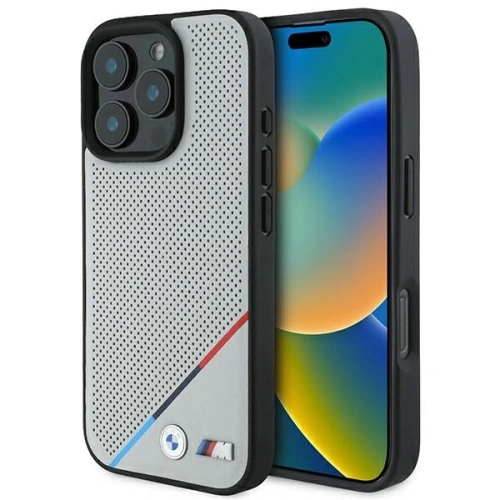 Etui BMW BMHMP16L23PUPDG Apple iPhone 16 Pro hardcase M Perforated Tricolor Line MagSafe szary/grey