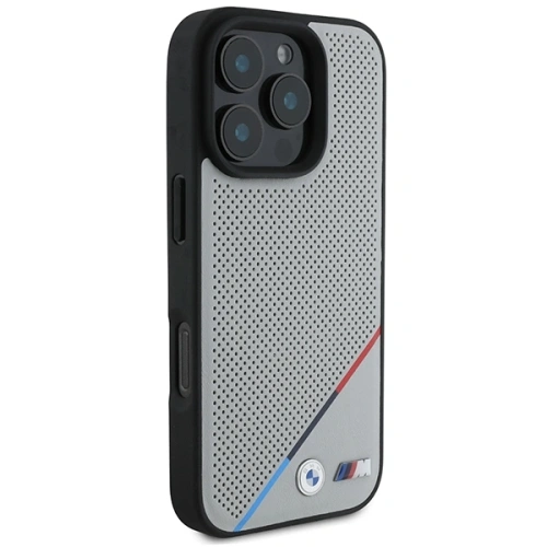 Etui BMW BMHMP16L23PUPDG Apple iPhone 16 Pro hardcase M Perforated Tricolor Line MagSafe szary/grey