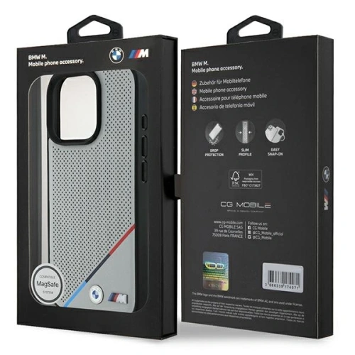 Etui BMW BMHMP16L23PUPDG Apple iPhone 16 Pro hardcase M Perforated Tricolor Line MagSafe szary/grey