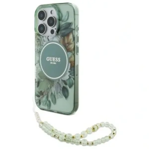 Etui Guess GUHMP16LHFWBRCESN Apple iPhone 16 Pro hardcase IML Flowers With Pearl Strap MagSafe zielony/green