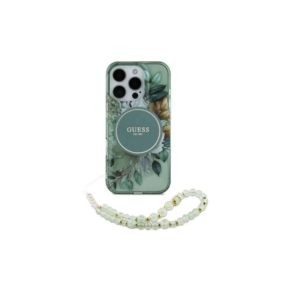 Wholesale Guess GUHMP16LHFWBRCESN Apple iPhone 16 Pro hardcase IML Flowers With Pearl Strap MagSafe green - GUE4118 - {ean13} - Hurt