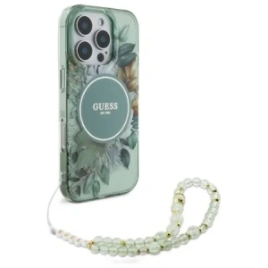 Etui Guess GUHMP16LHFWBRCESN Apple iPhone 16 Pro hardcase IML Flowers With Pearl Strap MagSafe zielony/green