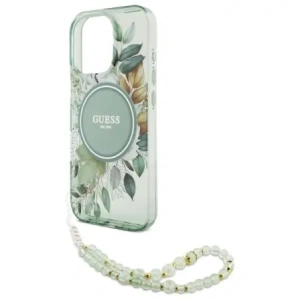 Etui Guess GUHMP16LHFWBRCESN Apple iPhone 16 Pro hardcase IML Flowers With Pearl Strap MagSafe zielony/green