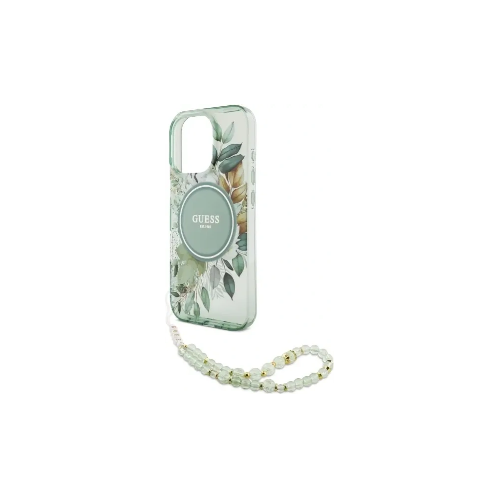 Wholesale Guess GUHMP16LHFWBRCESN Apple iPhone 16 Pro hardcase IML Flowers With Pearl Strap MagSafe green - GUE4118 - {ean13} - Hurt