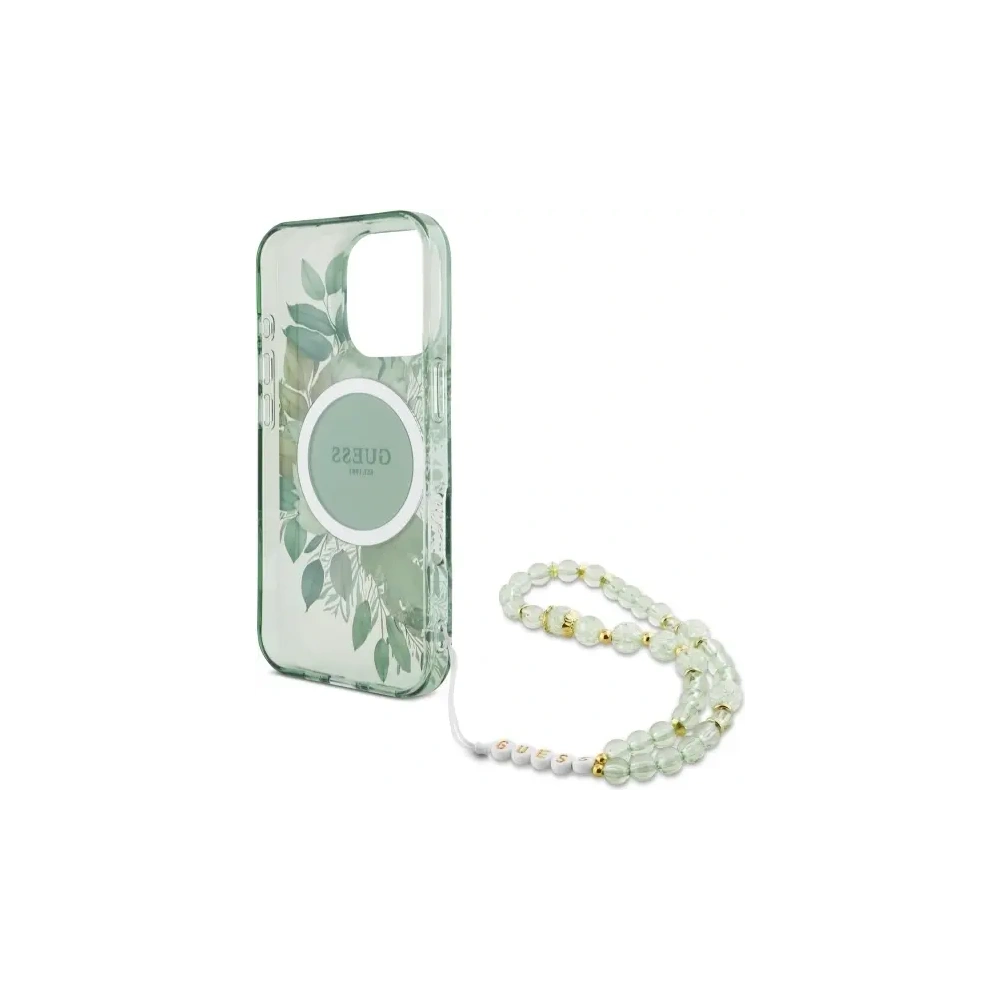 Wholesale Guess GUHMP16LHFWBRCESN Apple iPhone 16 Pro hardcase IML Flowers With Pearl Strap MagSafe green - GUE4118 - {ean13} - Hurt
