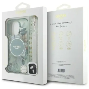 Etui Guess GUHMP16LHFWBRCESN Apple iPhone 16 Pro hardcase IML Flowers With Pearl Strap MagSafe zielony/green