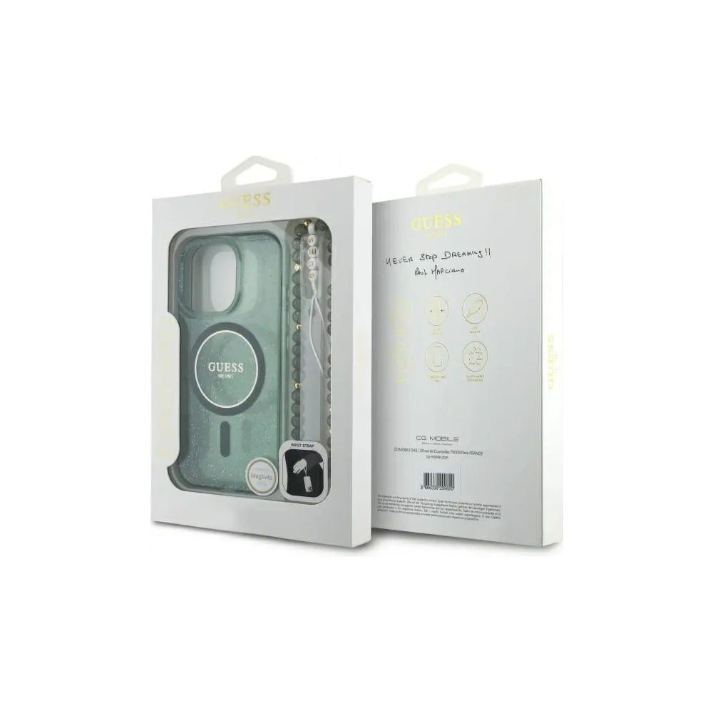 Hurtownia GSM - Etui Guess GUHMP16LHGCRELSA Apple iPhone 16 Pro hardcase IML Glitter s perlovým popruhem MagSafe zelený/green - GUE4121 - {ean13} - Hurt