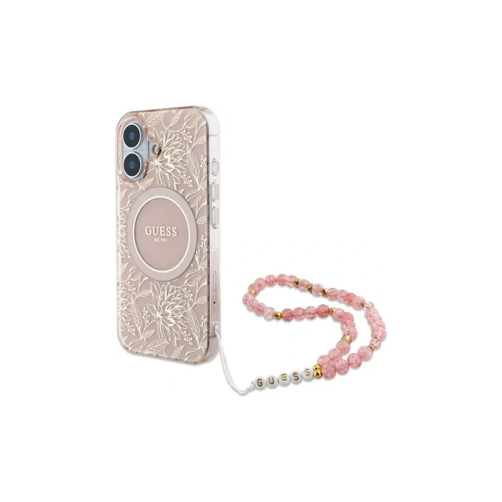 Hurtownia GSM - Guess GUHMP16MHCPOFPP Apple iPhone 16 Plus kemény tok IML Virágok Teljesen Elektromos Gyöngy Pánt MagSafe rózsaszín - GUE4136 - {ean13} - Hurt