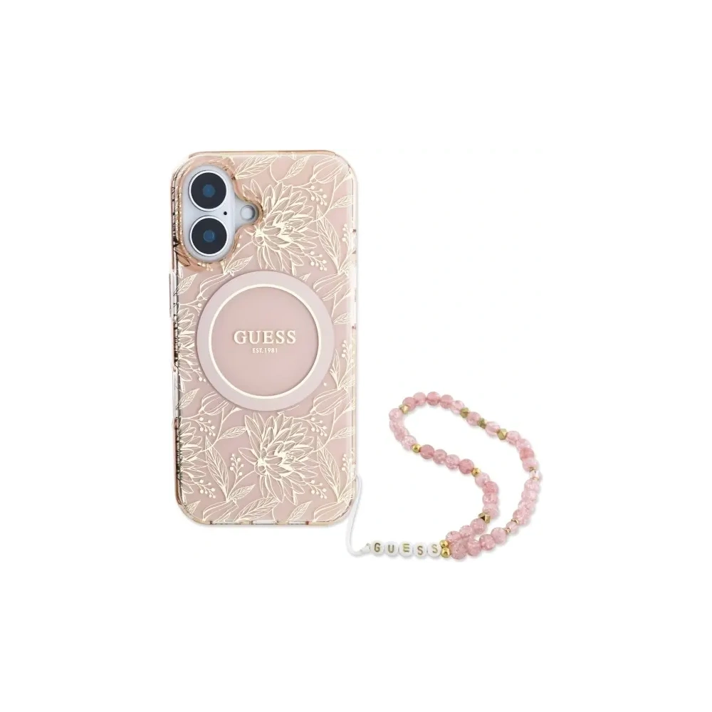 Wholesale Guess GUHMP16MHCPOFPP Apple iPhone 16 Plus hardcase IML Flowers Allover Electro With Pearl Strap MagSafe pink - GUE4136 - {ean13} - Hurt