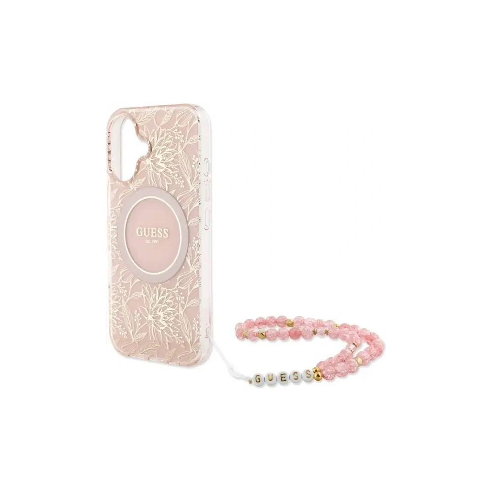 Wholesale Guess GUHMP16MHCPOFPP Apple iPhone 16 Plus hardcase IML Flowers Allover Electro With Pearl Strap MagSafe pink - GUE4136 - {ean13} - Hurt