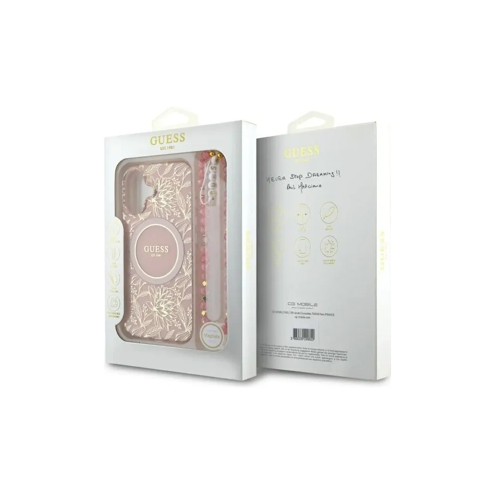 Hurtownia GSM - Guess GUHMP16MHCPOFPP Apple iPhone 16 Plus kemény tok IML Virágok Teljesen Elektromos Gyöngy Pánt MagSafe rózsaszín - GUE4136 - {ean13} - Hurt