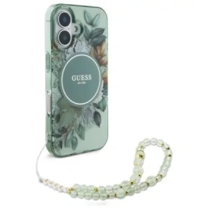 Wholesale Guess GUHMP16MHFWBRCESN Apple iPhone 16 Plus hardcase IML Flowers With Pearl Strap MagSafe green - GUE4137 - {ean13} - Hurt