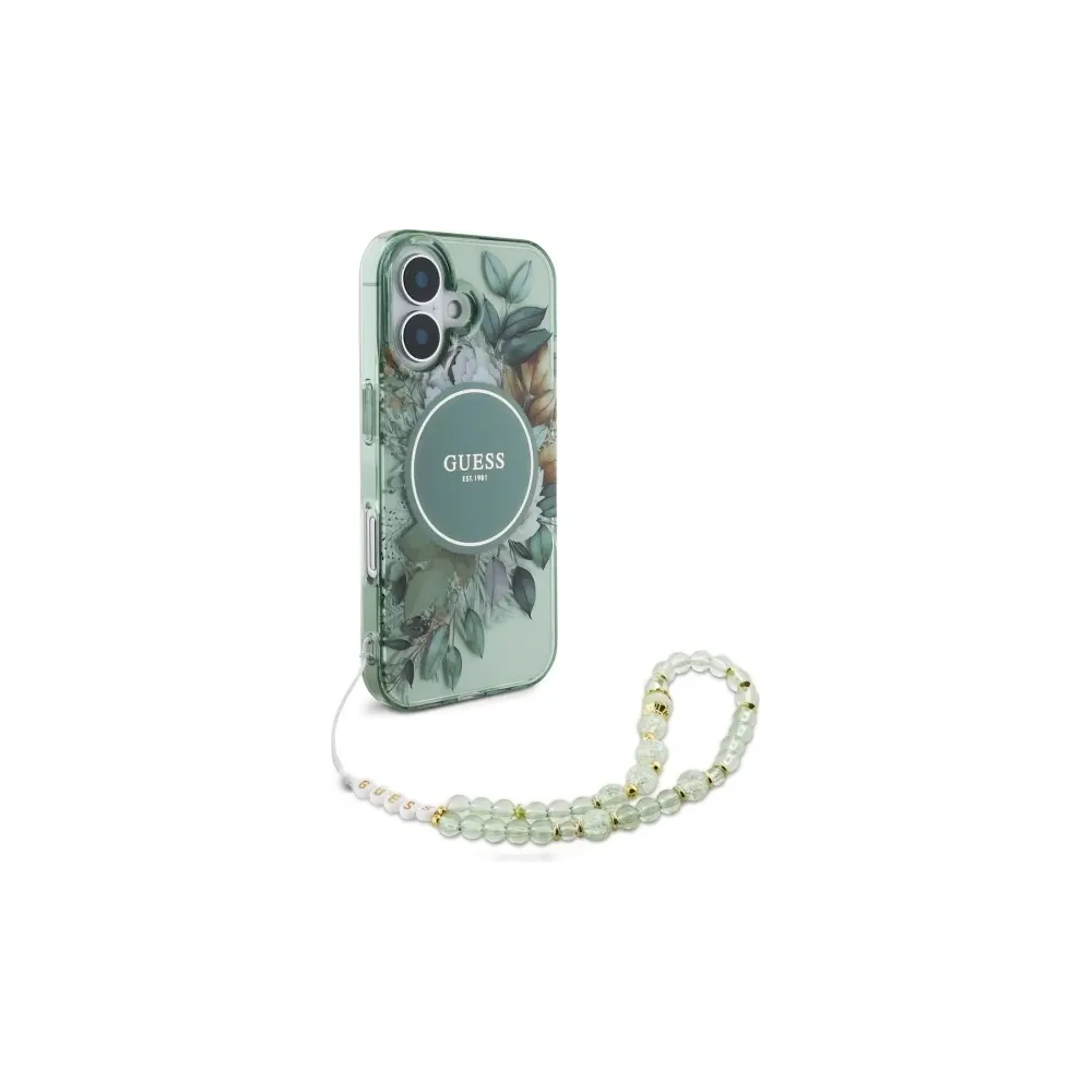Wholesale Guess GUHMP16MHFWBRCESN Apple iPhone 16 Plus hardcase IML Flowers With Pearl Strap MagSafe green - GUE4137 - {ean13} - Hurt