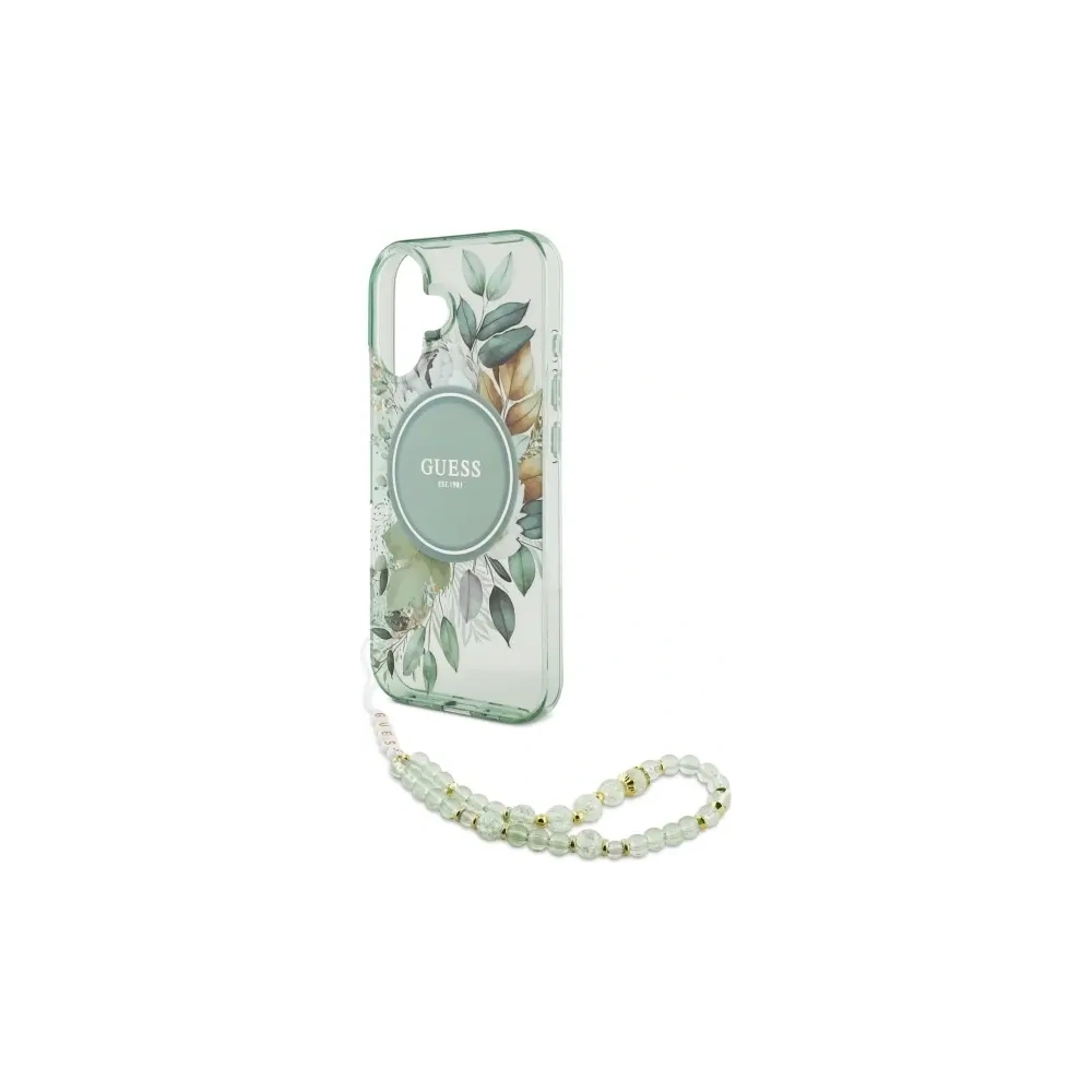 Wholesale Guess GUHMP16MHFWBRCESN Apple iPhone 16 Plus hardcase IML Flowers With Pearl Strap MagSafe green - GUE4137 - {ean13} - Hurt