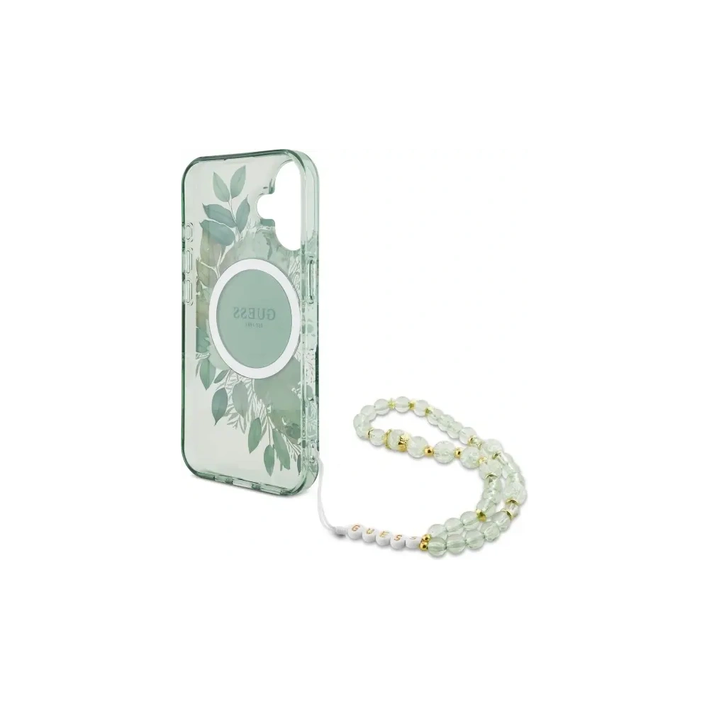 Wholesale Guess GUHMP16MHFWBRCESN Apple iPhone 16 Plus hardcase IML Flowers With Pearl Strap MagSafe green - GUE4137 - {ean13} - Hurt