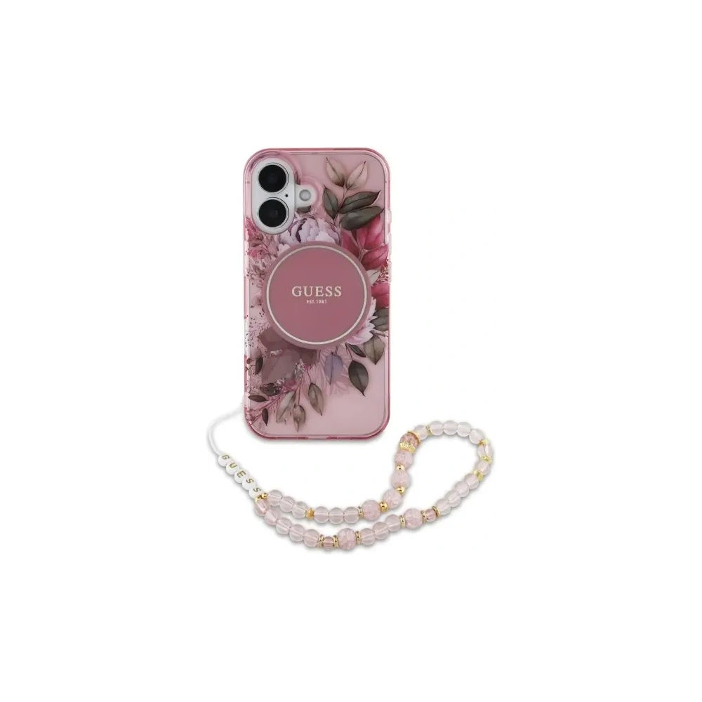 Hurtownia GSM - Guess GUHMP16MHFWBRCESP Apple iPhone 16 Plus kemény tok IML Virágok gyöngy pánttal MagSafe rózsaszín - GUE4138 - {ean13} - Hurt