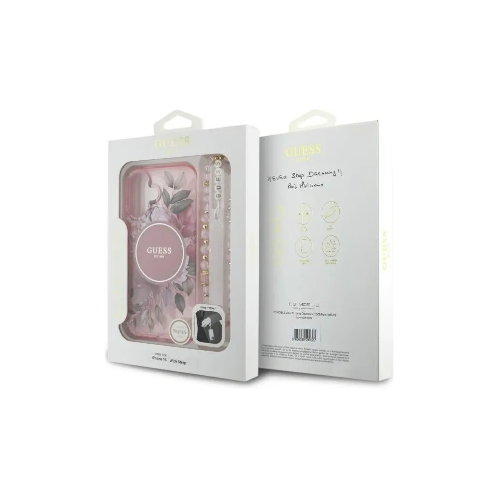 Hurtownia GSM - Guess GUHMP16MHFWBRCESP Apple iPhone 16 Plus kemény tok IML Virágok gyöngy pánttal MagSafe rózsaszín - GUE4138 - {ean13} - Hurt