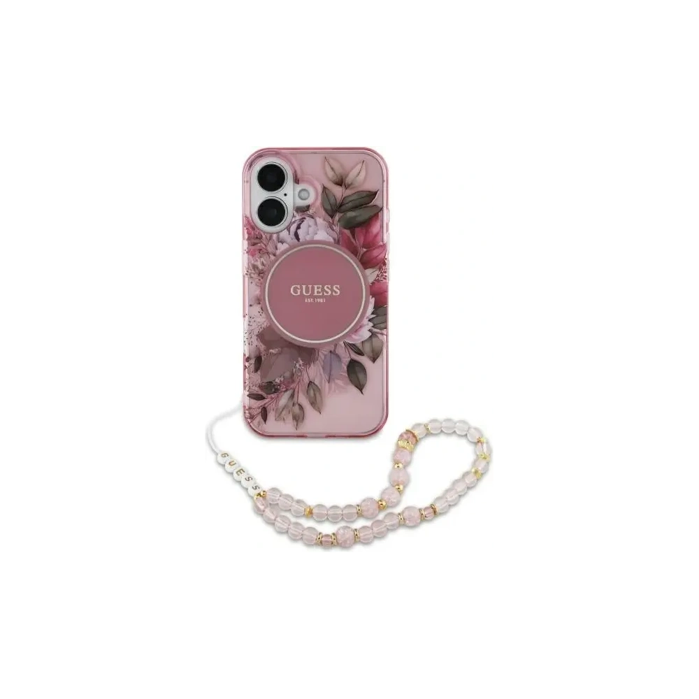 Wholesale Guess GUHMP16SHFWBRCESP Apple iPhone 16 hardcase IML Flowers With Pearl Strap MagSafe pink - GUE4152 - {ean13} - Hurt