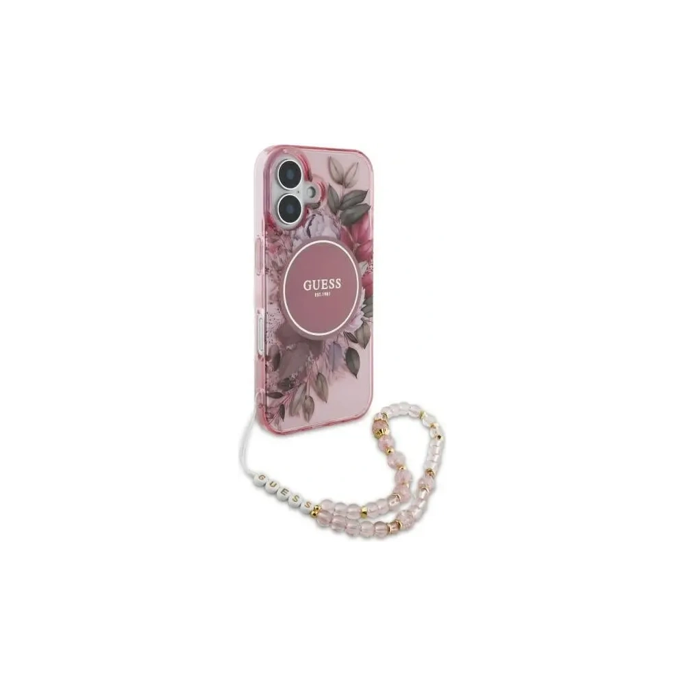 Wholesale Guess GUHMP16SHFWBRCESP Apple iPhone 16 hardcase IML Flowers With Pearl Strap MagSafe pink - GUE4152 - {ean13} - Hurt