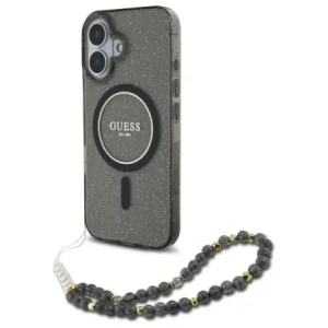 Etui Guess GUHMP16SHGCRELSK Apple iPhone 16 hardcase IML Glitter With Pearl Strap MagSafe czarny/czarny