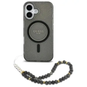 Etui Guess GUHMP16SHGCRELSK Apple iPhone 16 hardcase IML Glitter With Pearl Strap MagSafe czarny/czarny