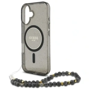 Etui Guess GUHMP16SHGCRELSK Apple iPhone 16 hardcase IML Glitter With Pearl Strap MagSafe czarny/czarny