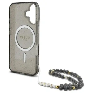 Etui Guess GUHMP16SHGCRELSK Apple iPhone 16 hardcase IML Glitter With Pearl Strap MagSafe czarny/czarny