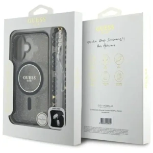 Etui Guess GUHMP16SHGCRELSK Apple iPhone 16 hardcase IML Glitter With Pearl Strap MagSafe czarny/czarny