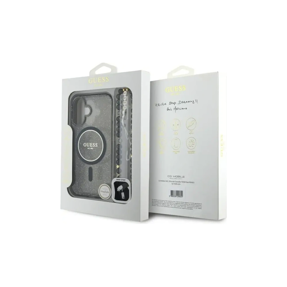 Hurtownia GSM - Etui Guess GUHMP16SHGCRELSK Apple iPhone 16 hardcase IML Glitter With Pearl Strap MagSafe czarny/czarny - GUE4155 - {ean13} - Hurt