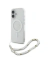 Guess GUHMP16SHGCRELST Apple iPhone 16 kemény tok IML csillogó gyöngy pánttal MagSafe átlátszó
