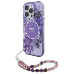 Etui Guess GUHMP16XHFWBRCESU Apple iPhone 16 Pro Max hardcase IML Flowers With Pearl Strap MagSafe fioletowy/purple