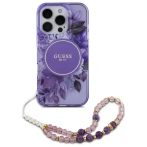 Etui Guess GUHMP16XHFWBRCESU Apple iPhone 16 Pro Max hardcase IML Flowers With Pearl Strap MagSafe fioletowy/purple