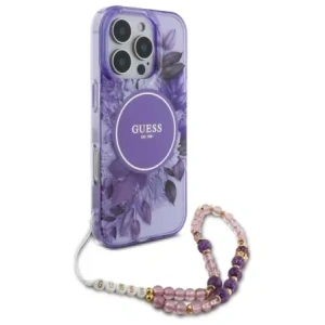 Etui Guess GUHMP16XHFWBRCESU Apple iPhone 16 Pro Max hardcase IML Flowers With Pearl Strap MagSafe fioletowy/purple