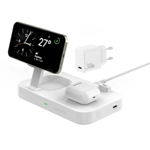 Ładowarka bezprzewodowa 4smarts QI2 Trident 2w1 USB-C z ładowarką sieciową 30W biała/white
