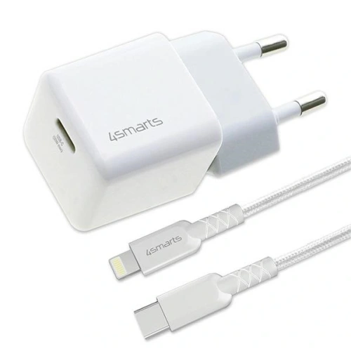 Ładowarka sieciowa 4smarts + kabel MFI VoltPlug PD 30W GaN USB-C/Lightning 1,5m biała/white