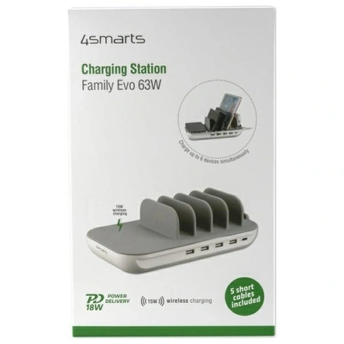 Stacja ładująca 4smarts Family Evo 63W PD z ładowaniem bezprzewodowym i zestawem kabli szaro-biały/grey-white