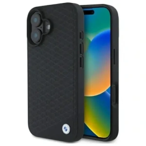 BMW BMHMP16S23RDDK Apple iPhone 16 carcasă dură din piele semnată cu diamant și logo metalic MagSafe negru