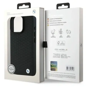 BMW BMHMP16X23RDDK Apple iPhone 16 Pro Max hardcase Semn de piele cu diamant și logo din metal MagSafe negru