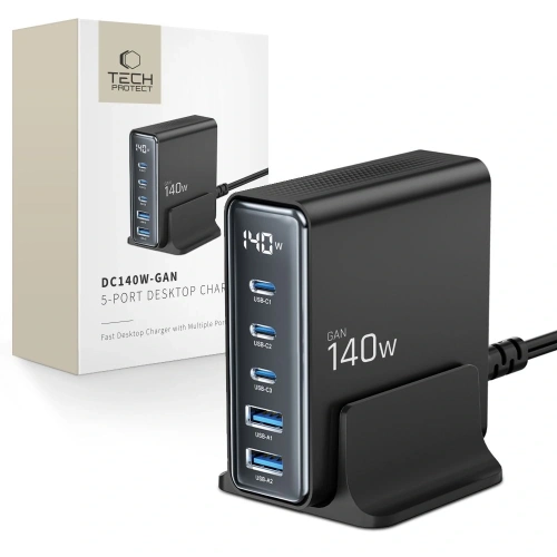 Stacja ładująca Tech-Protect DC140W-GAN 5 portowa 2xUSB-A, 3xUSB-C Desktop Charger PD140W / QC3.0 Black