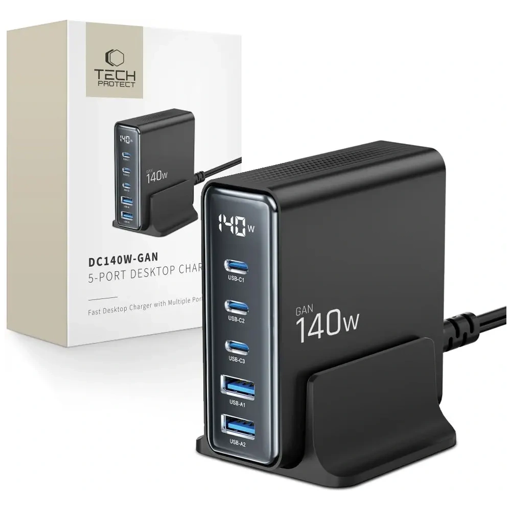 Hurtownia GSM - Nabíjecí stanice Tech-Protect DC140W-GAN 5 portová 2xUSB-A, 3xUSB-C Desktop Charger PD140W / QC3.0 Černá - THP3467 - {ean13} - Hurt